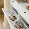 SoBuy FSR208-W, Тънка спестяваща място поставка за обувки, бяла дървена поставка за обувки, входен шкаф с 4 капака на вратите и 2 чекмеджета, за 12 чифта обувки, със защита против преобръщане, 100x19x107 см